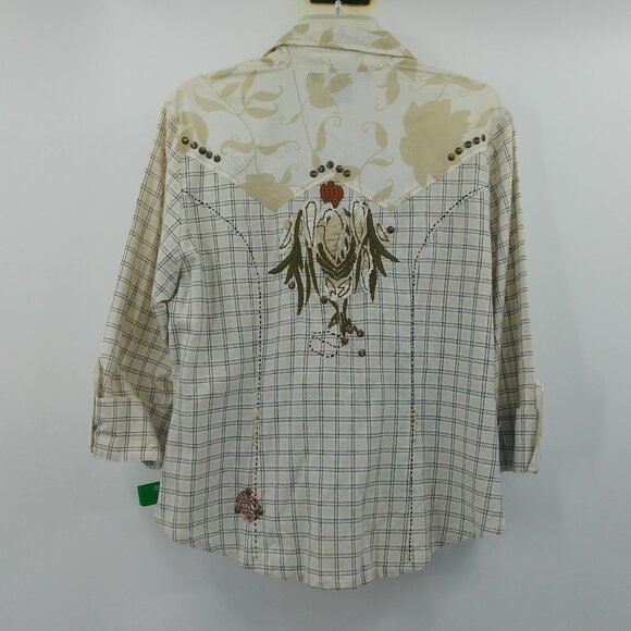 Mesmerize Button Up Shirt Women L Check Western Embroidered Studs 3/4 Sleeve NWT - Picture 5 of 10